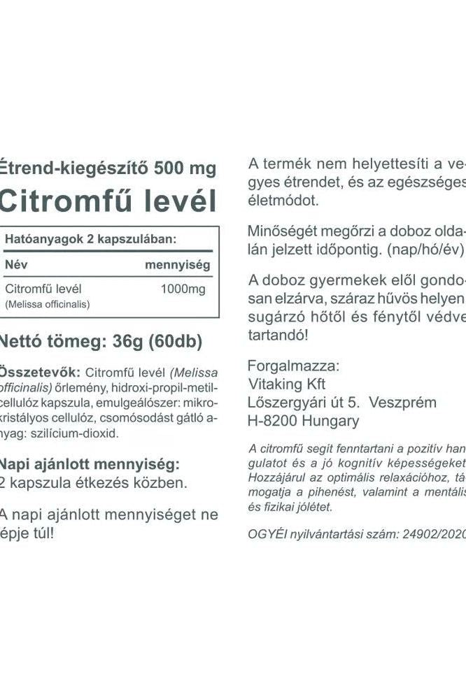Vitaking Lemon Balm 500 mg supplement label showing ingredients and usage instructions for relaxation and cognitive support.