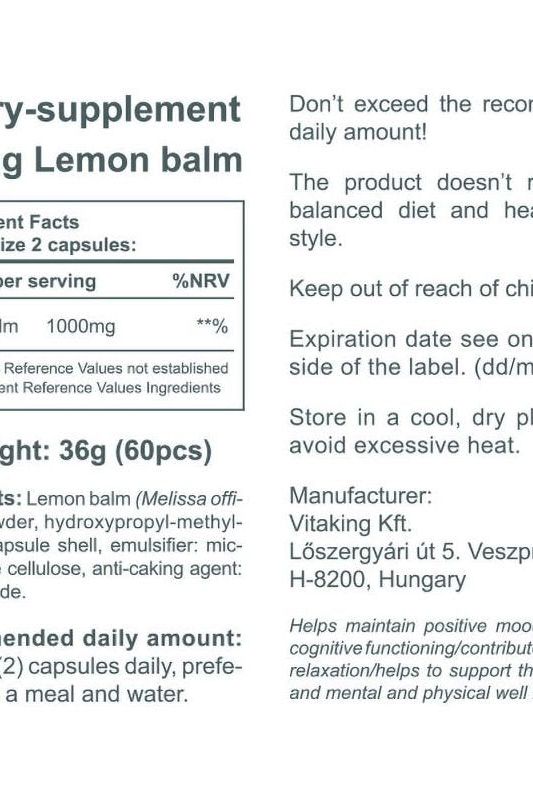 Vitaking Lemon Balm supplement facts label, highlighting benefits and usage instructions for relaxation and cognitive support.