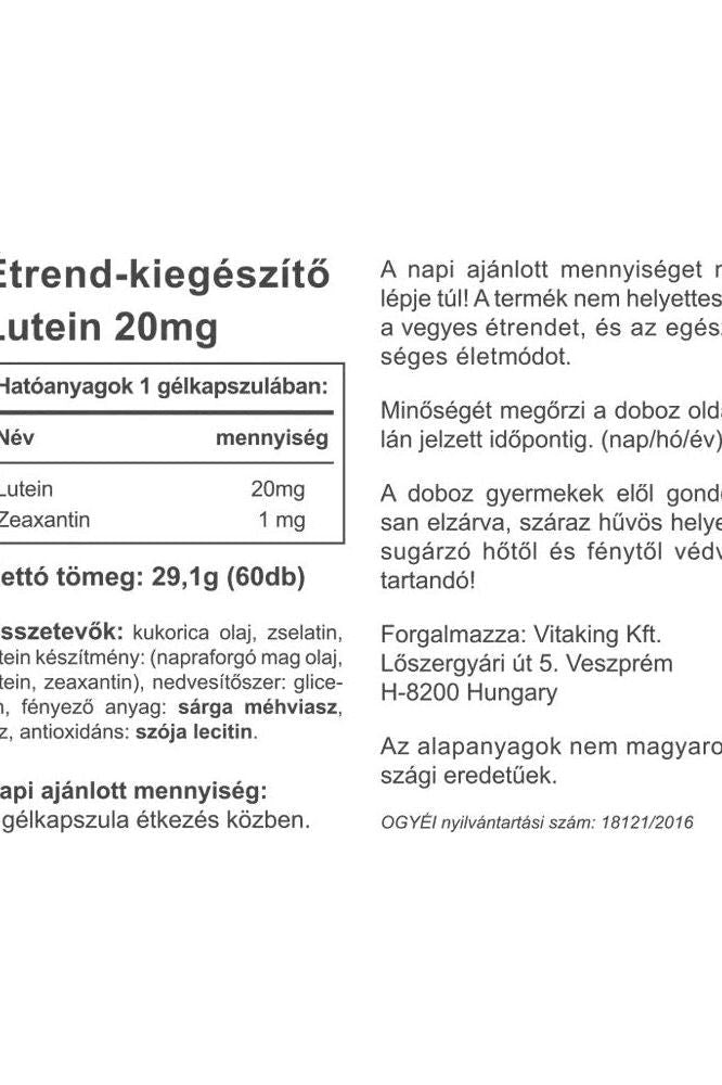 Vitaking Lutein 20 mg label with ingredients, usage instructions, and nutritional information on a softgel supplement.