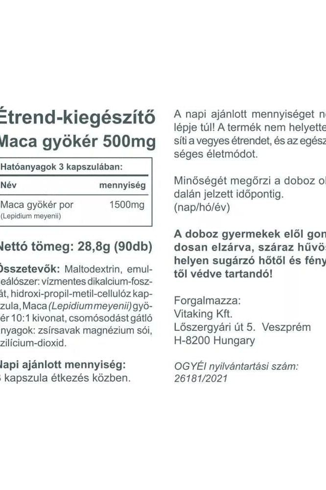 Vitaking Maca 500 mg supplement label with ingredients and nutritional information.