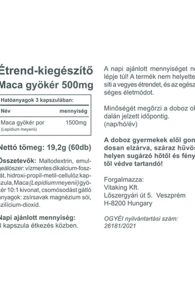 Vitaking Maca 500 mg dietary supplement label with dosage and ingredients information.
