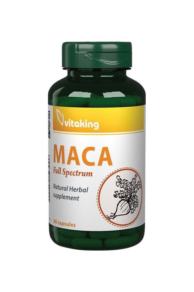 Vitaking Maca 500 mg supplement bottle with 60 capsules, promoting energy, hormone balance, and endurance.
