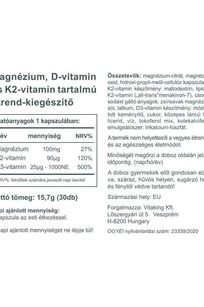 Vitaking Magne Trio supplement information label, highlighting magnesium, D-vitamin, and K2-vitamin content.
