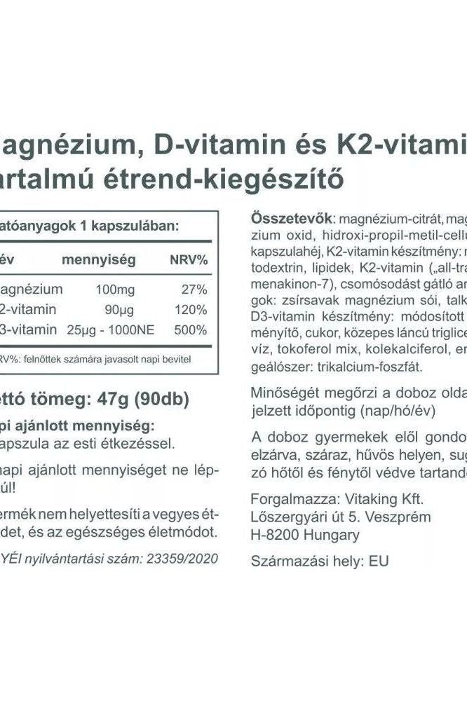 Vitaking Magne Trio nutritional information for magnesium, vitamin D, and K2 in dietary supplement format.