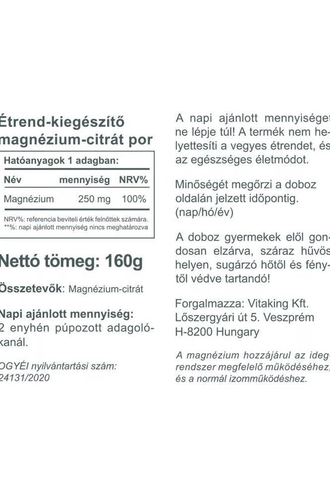 Vitaking Magnesium Citrate powder 160g label showing ingredients, nutrition facts and usage instructions.