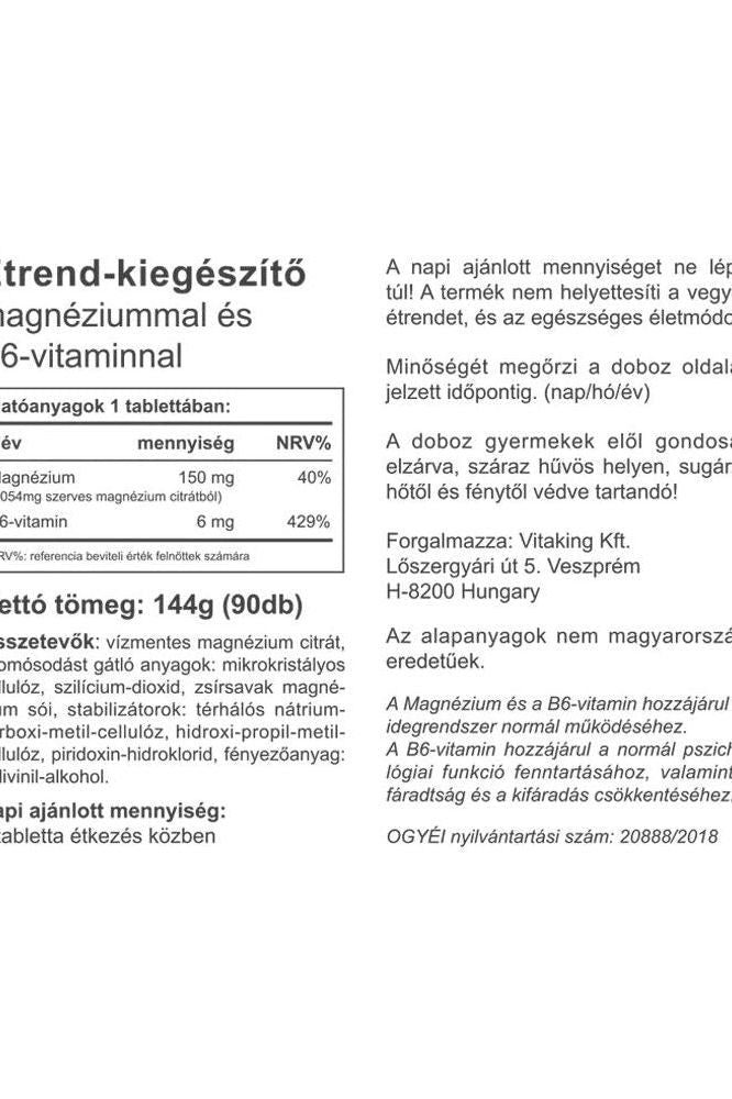 Vitaking Magnesium Citrate B6 label showing nutritional information and health benefits for muscle function and fatigue reduction.