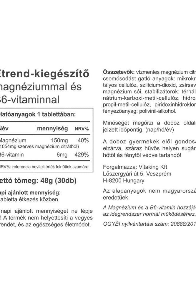 Nutritional information for Vitaking - Magnesium Citrate + B6 supplement tablet with ingredients and benefits.