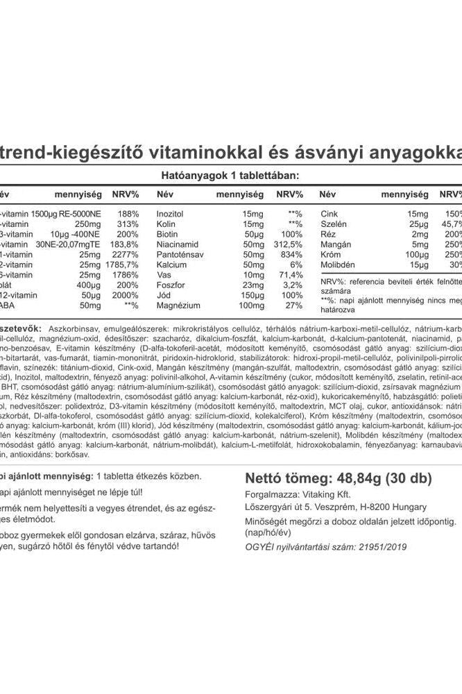 Vitamin and mineral content label for Vitaking Mega-1 Multivitamin tablets, 30 count.