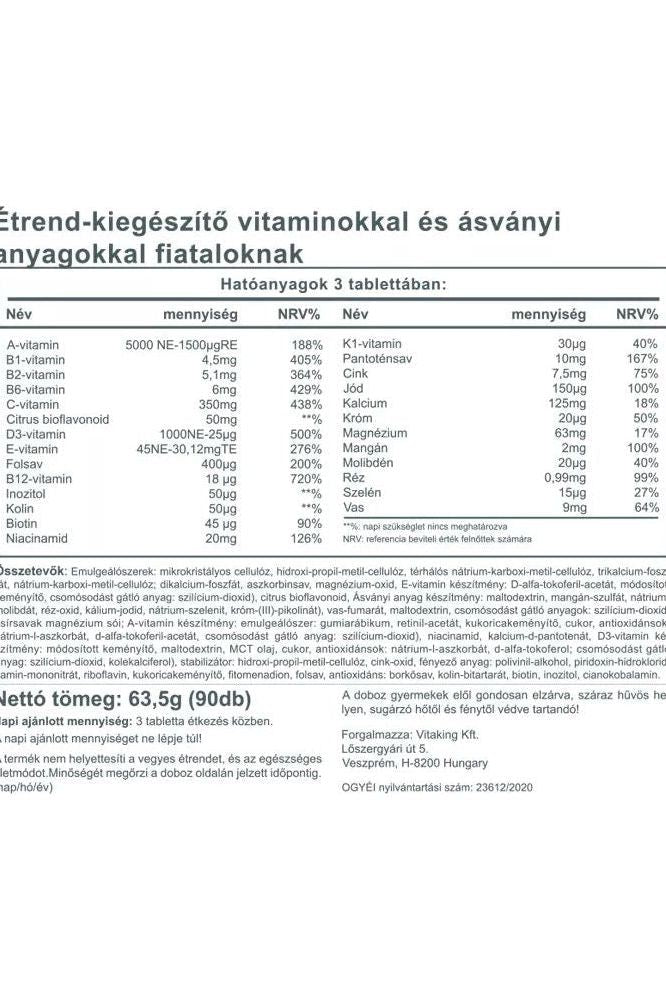 Nutritional information for Vitaking Mega Vitamin for Teens, detailing vitamin and mineral content per serving.