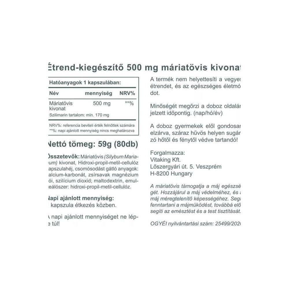 Nutritional information for Vitaking Milk Thistle extract 500 mg - 80 capsules, detailing ingredients and benefits.
