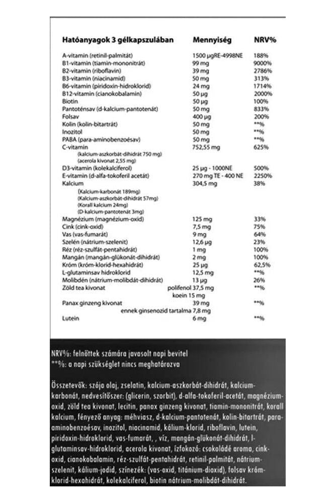 Nutritional information for Vitaking Multi Liquid Plus softgels, including vitamin and mineral content.