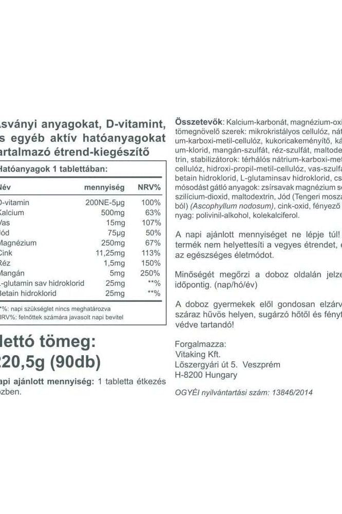 Nutritional information label for Vitaking Multi Mega Mineral + D3 90 tablets, detailing vitamins and minerals.