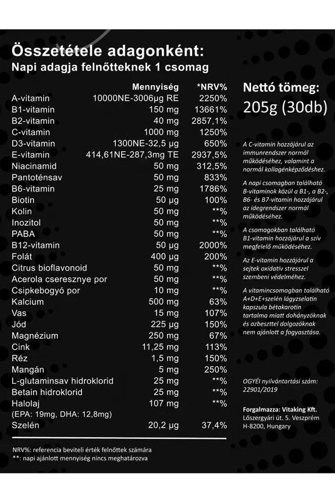 Nutritional label for Vitaking Multi Profi Basic highlighting vitamins and minerals for adults.