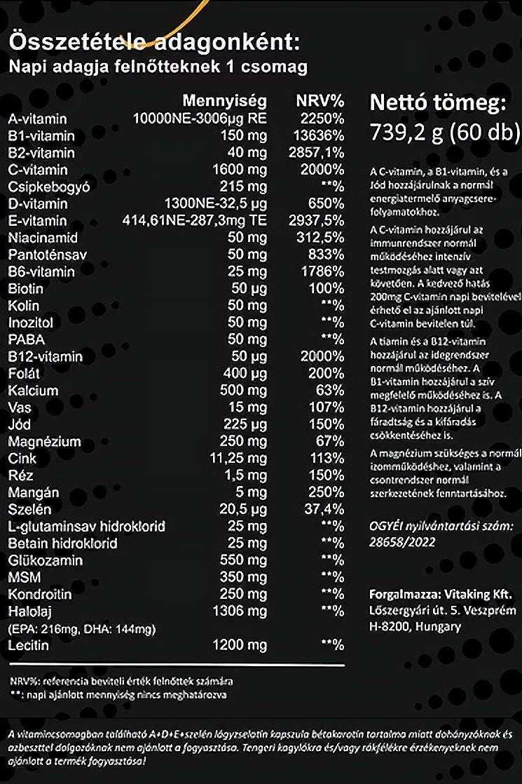 Nutritional information for Vitaking Multi Profi Sport showing vitamin and mineral content per serving.