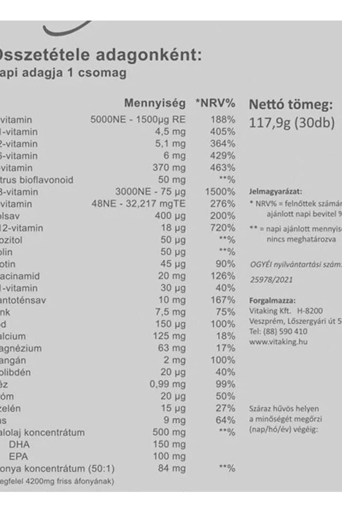 Nutritional information for Vitaking Multi Profi Teens, detailing vitamins and minerals in one pack.
