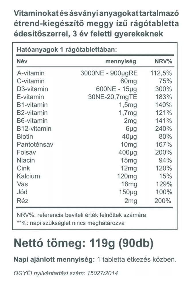 Nutritional information for Vitaking cherry-flavored multivitamin chewables for children, containing essential vitamins.