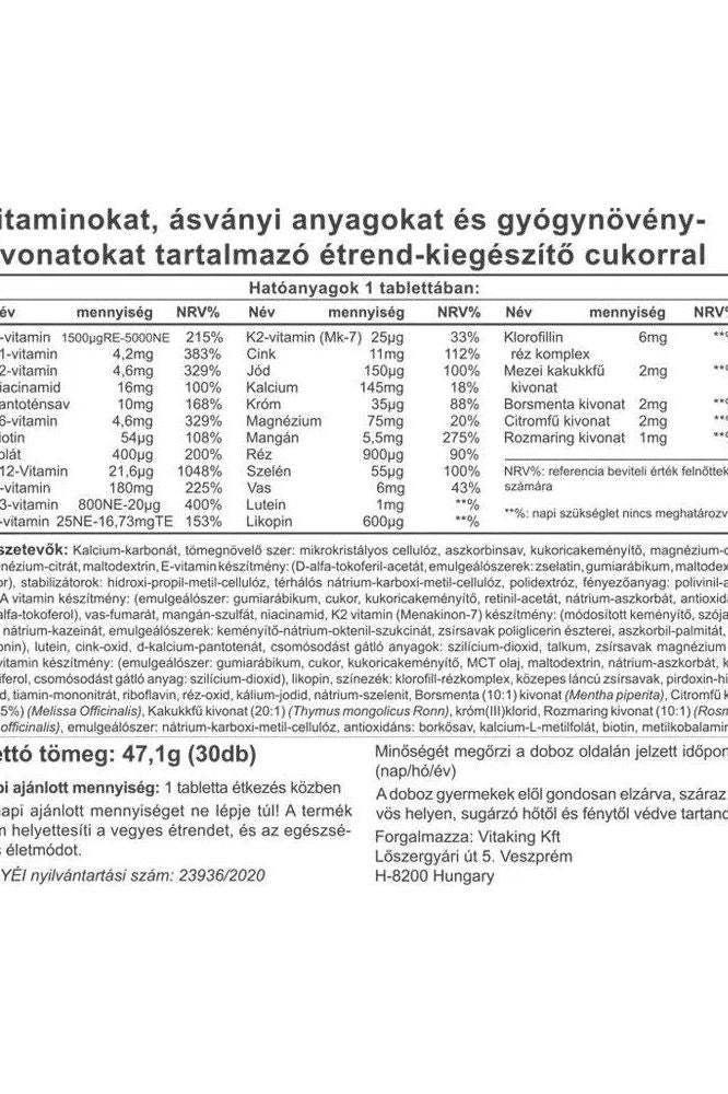 Nutritional information for Vitaking Nicovit Multivitamin Complex 30 Tablets including vitamins and minerals.