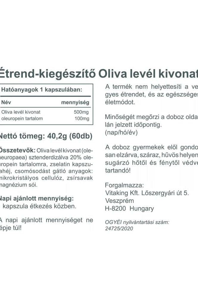 Nutitional information for Vitaking Olive Leaf Extract 500 mg, highlighting benefits and dosage details.