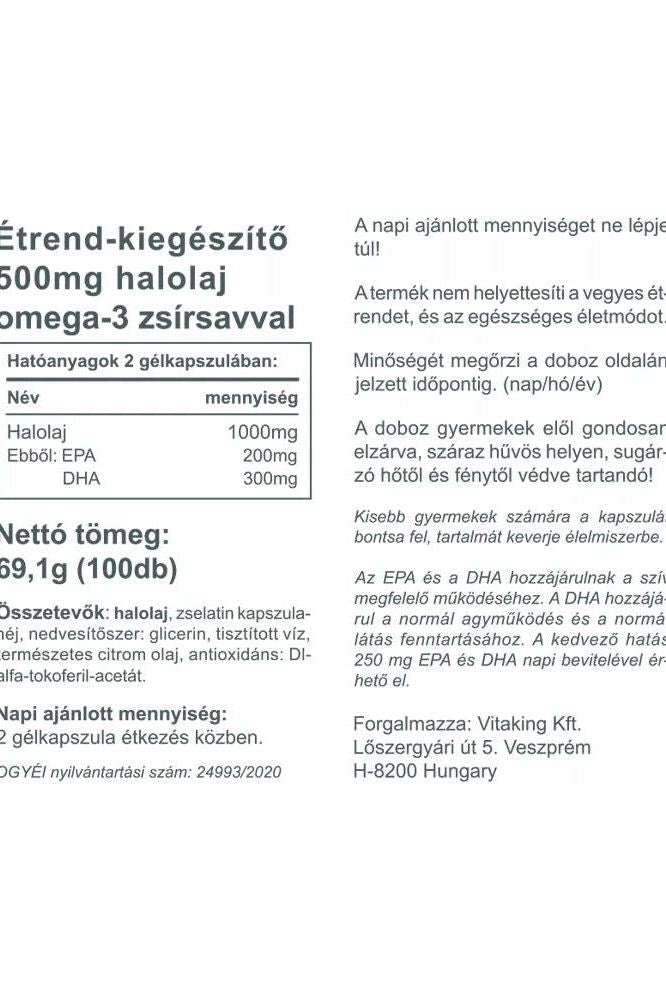 Vitaking Omega-3 kids supplement label showing 500 mg dosage, ingredients, and nutritional information.