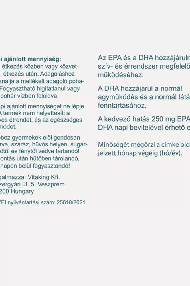 Vitaking Omega-3 liquid dosage instructions and benefits for heart and brain health.