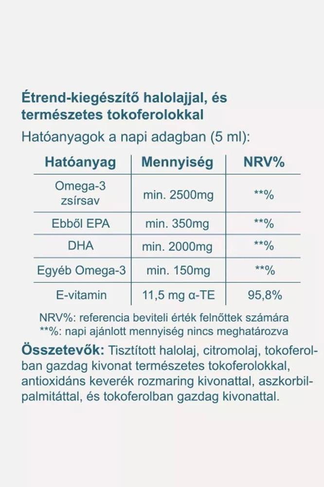 Nutrition facts for Vitaking Omega-3 liquid, displaying omega-3 content and ingredients per serving.