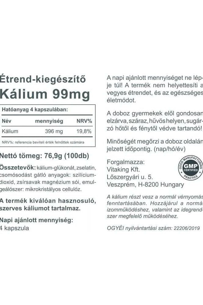 Vitaking Potassium 396 mg supplement label showing ingredients, benefits, and nutritional information.