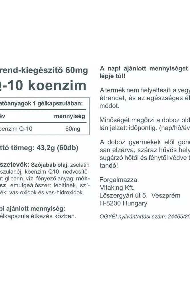 Label of Vitaking Q-10 Coenzyme 60 mg softgels, detailing ingredients and usage instructions.