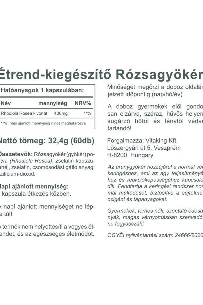 Vitaking Rhodiola Rosea 400 mg supplement facts label, detailing ingredients and benefits.