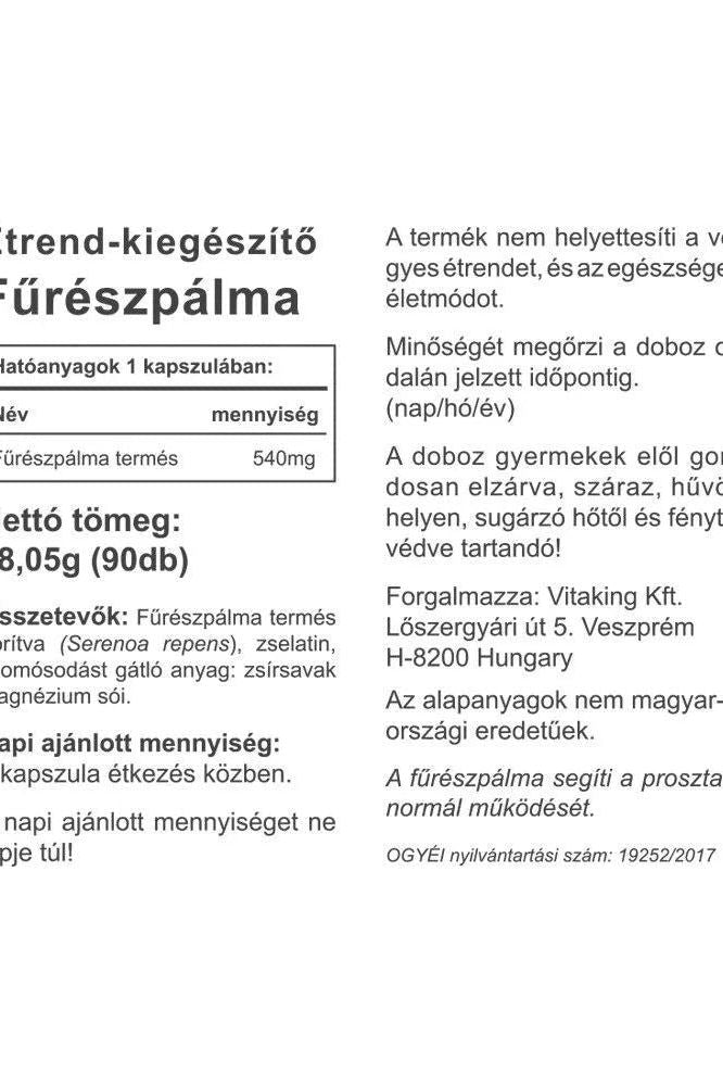 Vitaking Saw Palmetto supplement label showcasing ingredients and health benefits for prostate health.