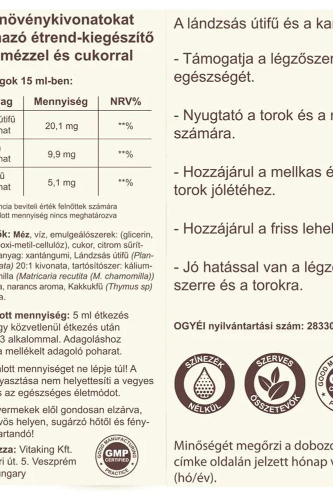 Vitaking Spearmint Plantain Syrup supplement facts, highlighting ingredients and health benefits for respiratory support.