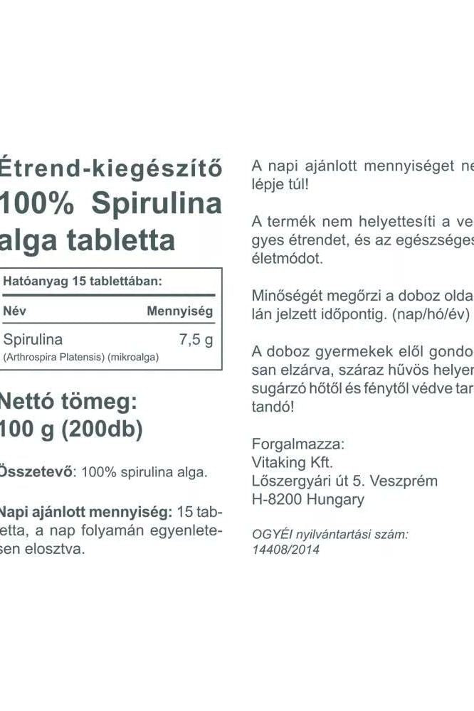 Label for Vitaking 100% Spirulina Algae tablets with nutritional information and usage details.