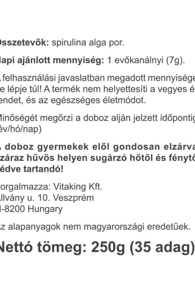 Vitaking Spirulina Algae Powder nutritional information and usage instructions on packaging.