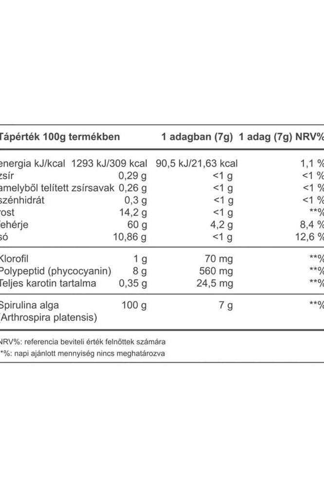 Nutritional facts for Vitaking Spirulina Algae Powder, showing energy, protein, and other key ingredients per serving.