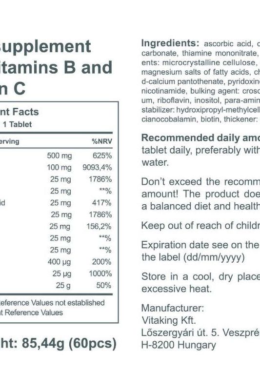 Supplement facts label for Vitaking Stress B-Complex Multivitamin with vitamins B and C.