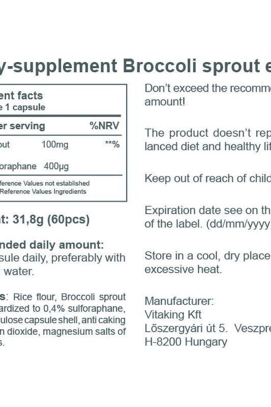 Nutritional information for Vitaking Broccoli Sprout Extract supplement, highlighting ingredients and dosage instructions.