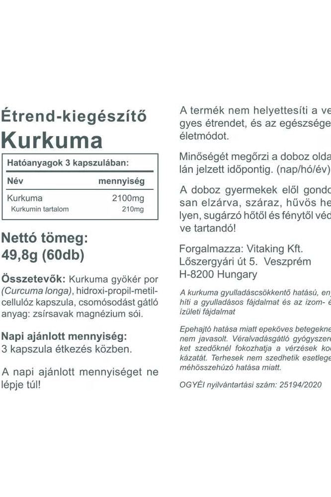 Label for Kurkuma dietary supplement with ingredients, dosage, and company details.