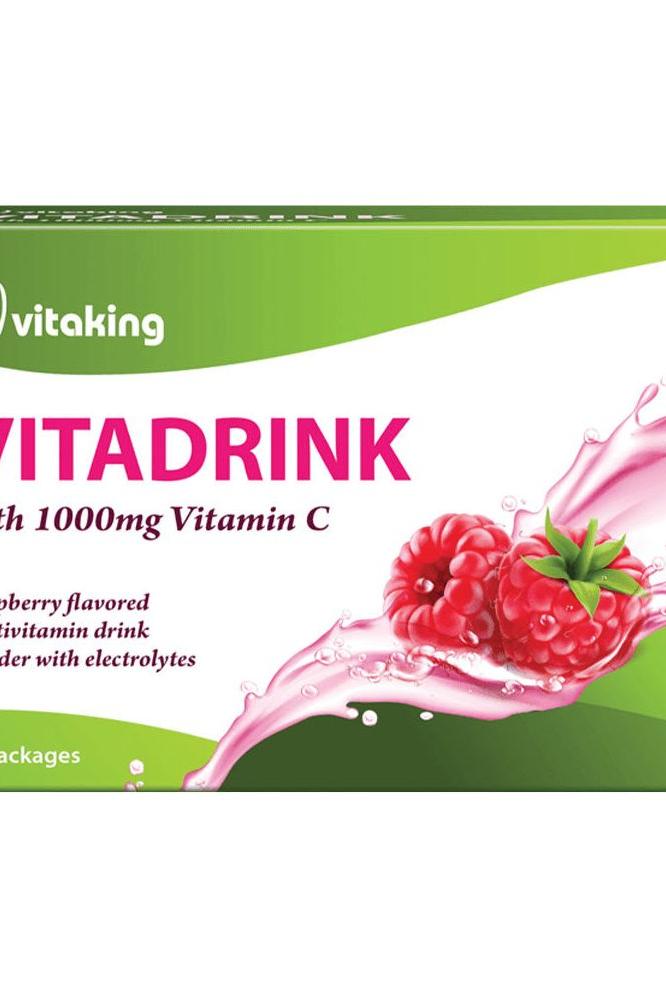 Vitaking Vitadrink package with raspberry flavor and 1000mg Vitamin C, a vitamin drink powder with electrolytes.