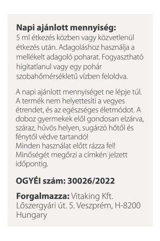 Instructions for recommended daily dosage and usage of Vitaking Vitafer Iron Syrup in Hungarian.
