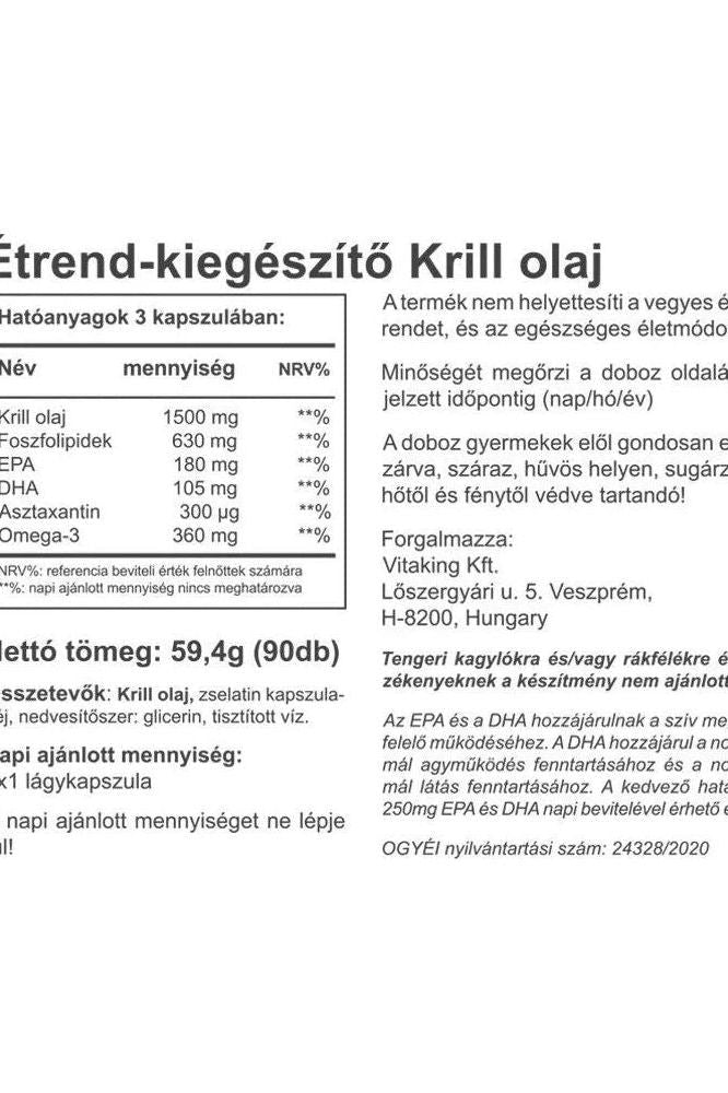 Vitaking Vitakrill oil supplement nutrition label with krill oil, EPA, DHA, and health benefits information.