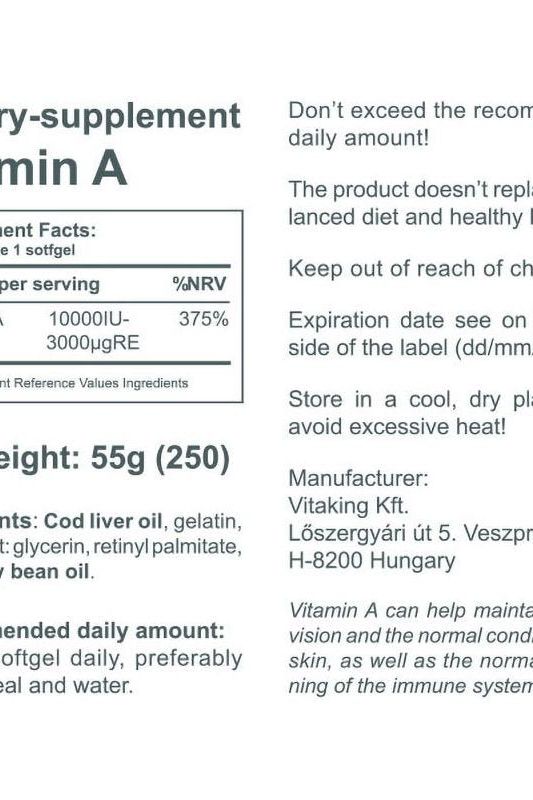Vitaking Vitamin A 10000 softgel supplement facts and serving details in English.