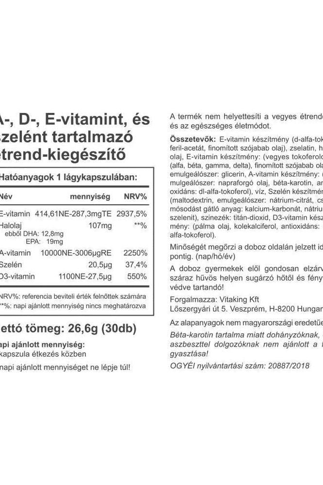 Nutrition facts label for Vitaking A, D, E vitamins plus Selenium dietary supplement in Hungarian.