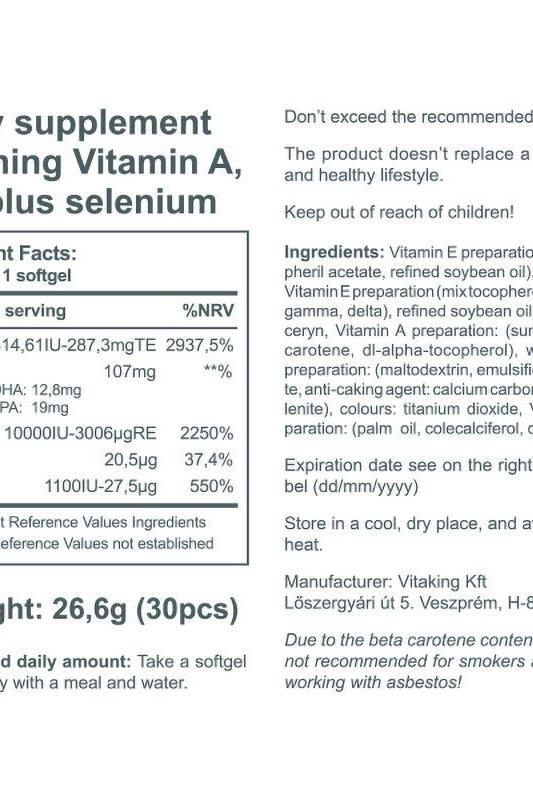 Vitaking Vitamin A+D+E plus Selenium supplement facts and ingredients list, 30 softgels packaging.