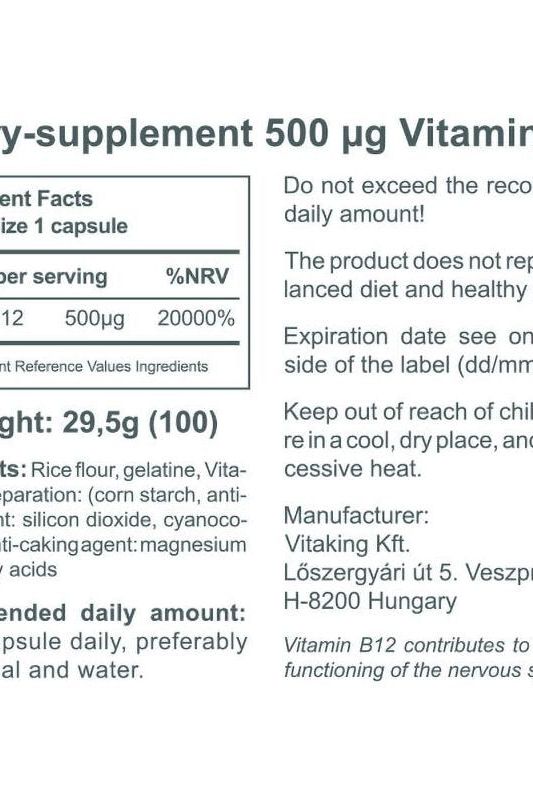 Supplement facts for Vitaking Vitamin B-12 500 mcg capsules, highlighting ingredients and usage instructions.