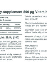 Supplement facts for Vitaking Vitamin B-12 500 mcg capsules, highlighting ingredients and usage instructions.
