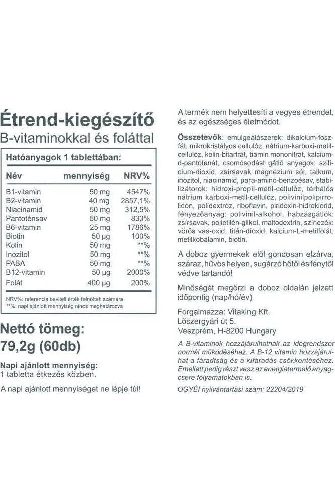 Nutritional facts for Vitaking Vitamin B-50 Complex providing B-vitamins and folic acid benefits.
