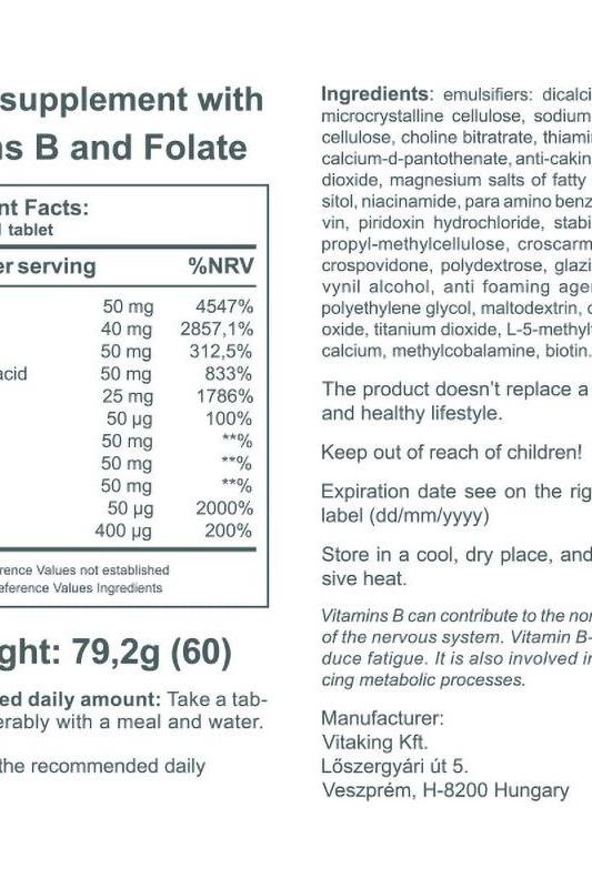 Product label for Vitaking Vitamin B-50 Complex, detailing ingredients and nutritional information.