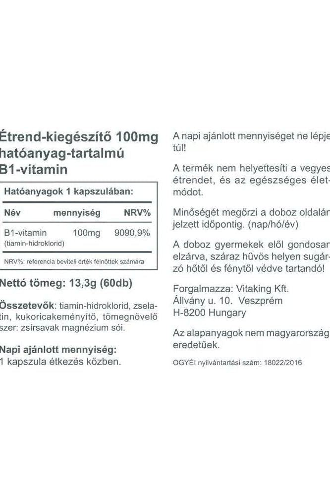 Vitaking Vitamin-B1 100 mg label detailing ingredients and benefits of the dietary supplement.