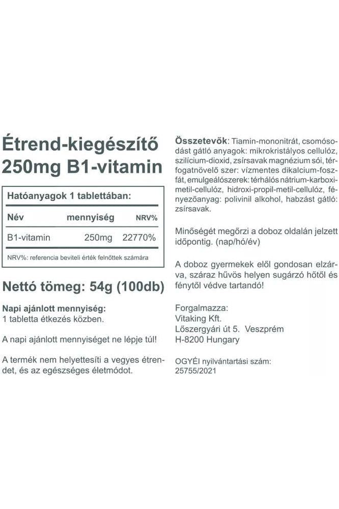 Vitaking Vitamin B1 250mg supplement label demonstrating nutritional information and benefits of Thiamin.
