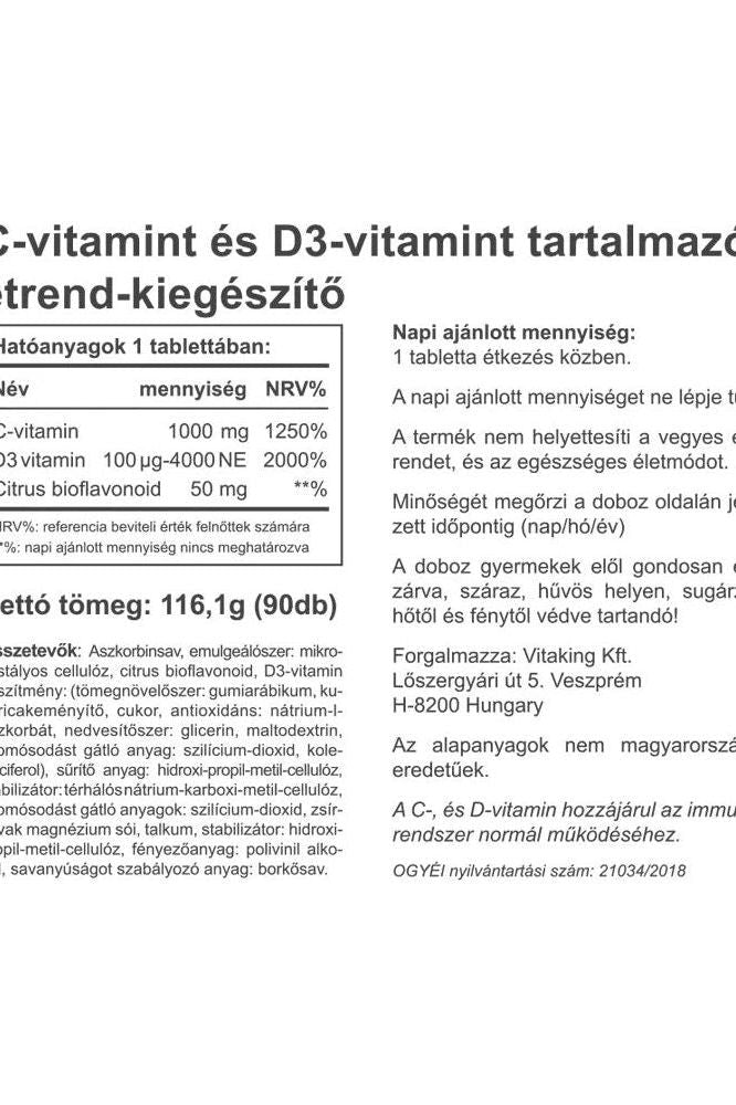 Vitaking Vitamin C-1000 D-4000 supplement facts label in Hungarian, highlighting dosage and benefits.