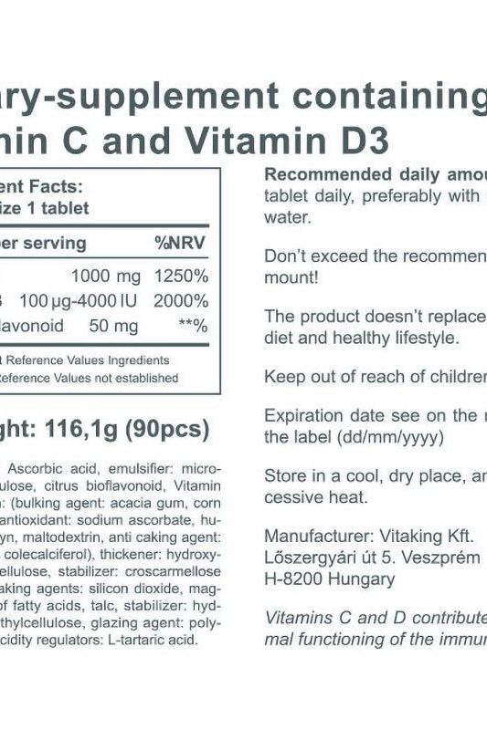 Nutritive label for Vitaking Vitamin C-1000 + D-4000 tablets including nutrition facts and usage details.